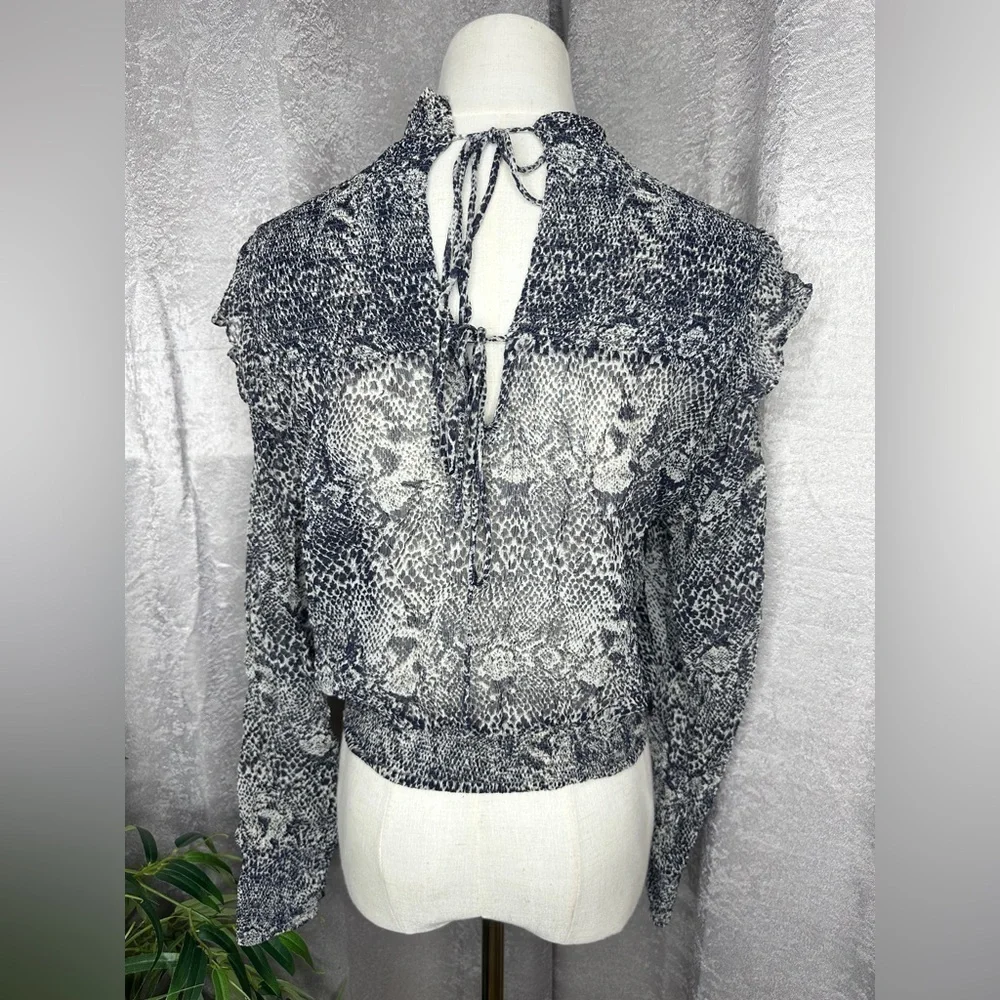 Free People Roma Chiffon Snake Combo Ruffle Puff Sleeve Blouse Black Sz S